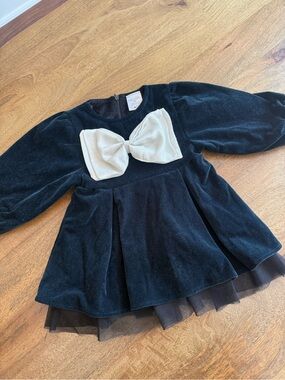 Navy Velvet Girls' Formal Dress with Silver Bow